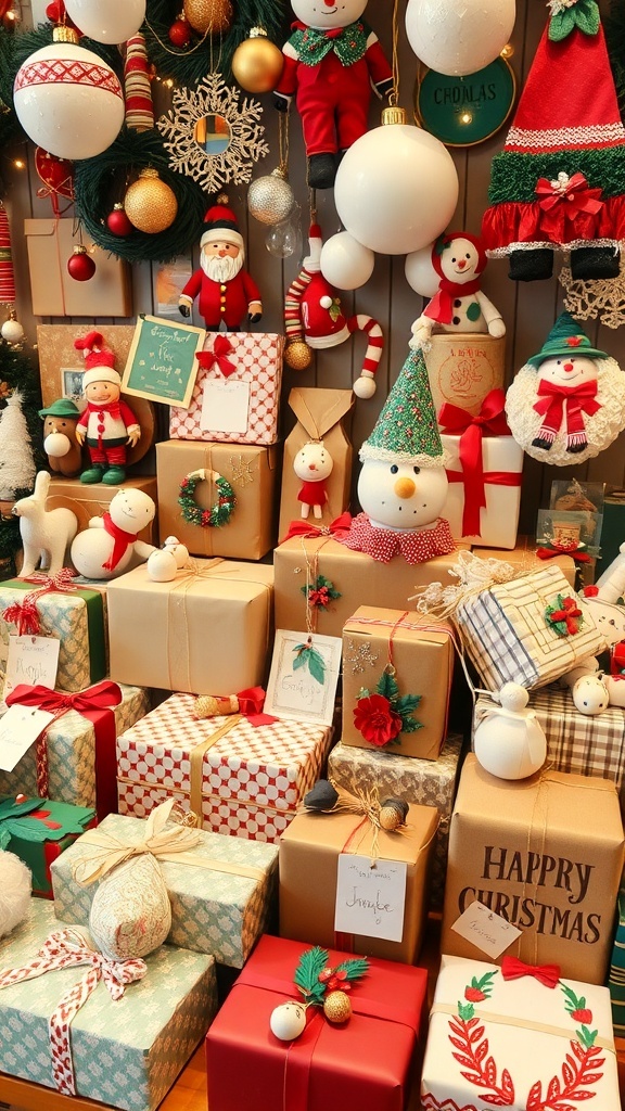 A festive arrangement of Christmas gifts including wrapped presents and handmade items, set in a cozy holiday setting.